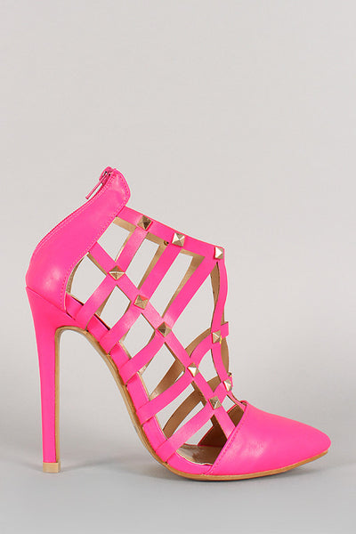 Neon Studded Cutout Caged Stiletto Bootie