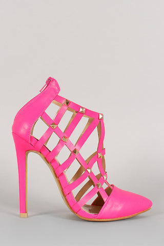 Neon Studded Cutout Caged Stiletto Bootie