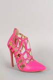 Neon Studded Cutout Caged Stiletto Bootie