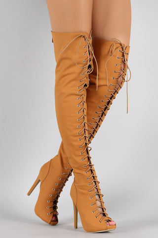 Nubuck Lace Up Peep Toe Stiletto Over the Knee Boots