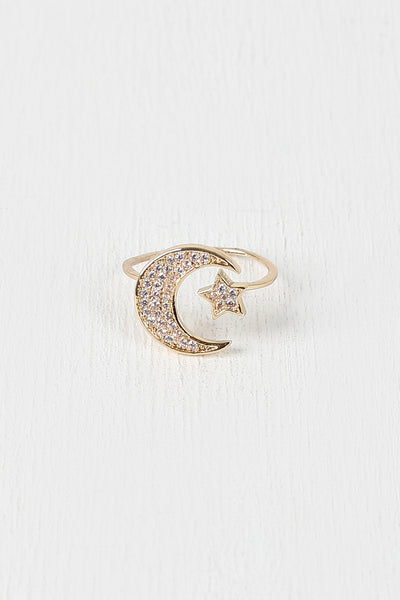 Rhinestone Moon and Star Ring