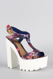 Bamboo Floral T-Strap Platform Chunky Heel