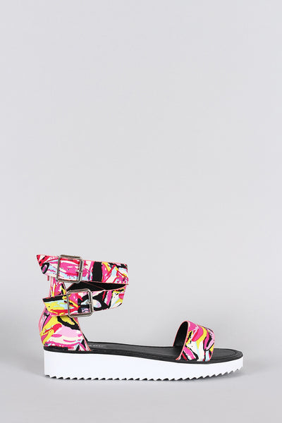 Bamboo Ankle Wrap Multi Strokes Flatform Sandal