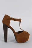 Breckelle T-Strap Suede Peep Toe Platform Chunky Heel