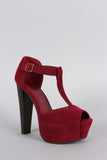 Breckelle T-Strap Suede Peep Toe Platform Chunky Heel