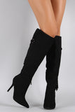 Qupid Suede Tassel Fringe Pointy Toe Stiletto Heeled Knee High Boot