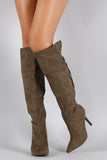 Qupid Suede Tassel Fringe Pointy Toe Stiletto Heeled Knee High Boot