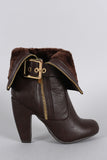 Bamboo Faux Fur Cuff Buckle Strap Heeled Ankle Boots