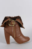 Bamboo Faux Fur Cuff Buckle Strap Heeled Ankle Boots