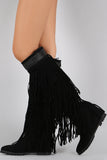 Fringe Woven Pointy Toe Knee High Hidden Wedge Boot