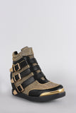 Glitter Strappy Buckle Round Toe High Top Wedge Sneaker