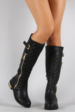 Quilted Zipper Trim Buckle Riding Knee High Boot