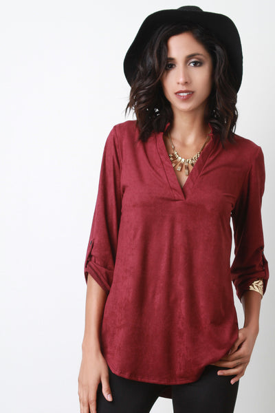 Suede Split V-Neck Long Sleeves Top