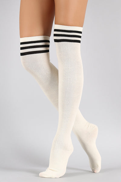 Sparkling Triple Stripe Thigh High Socks