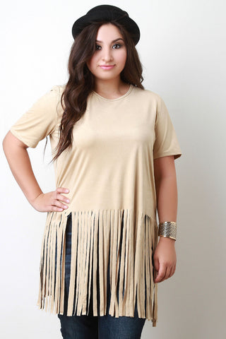 Short Sleeve Suede Fringe Hem Top