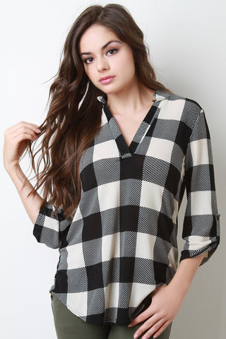 Plaid Split V-Neck Long Sleeves Top