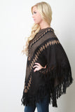 Fringe Hem Patterned Crew Neck Poncho