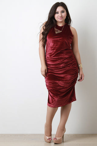 Ruched Velvet Sleeveless Midi Dress