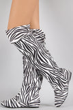 Zebra Print Round Toe Cuff Bow Tie Over-The-Knee Flat Boots