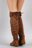 Leopard Print Round Toe Cuff Bow Tie Over-The-Knee Flat Boots