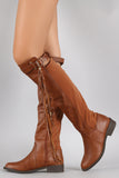 Lycra Buckle Tassel Round Toe Riding Knee High Boot