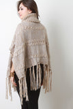 Marled Cable Knit Turtleneck Tassel Hem Poncho