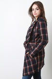 Belted Plaid Print Long Sleeves Fleece Jacket