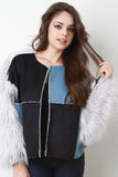 Suede And Denim Panel Fur Sleeves Coat