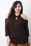 Ribbed Cold Shoulder Keyhole Top