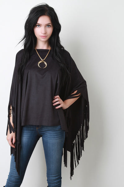 Vegan Suede Fringe Poncho