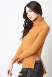 Ribbed Knit Turtleneck Slit Sweater Top