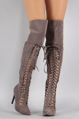 Suede Strappy Lace Up Pointy Toe Stiletto Over-The-Knee Boots