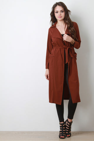 Belted Long Sleeves Open Front Longline Jacket