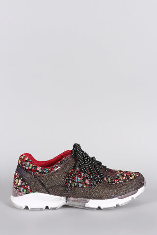 Bamboo Glitter Frayed Lace Up Sneaker