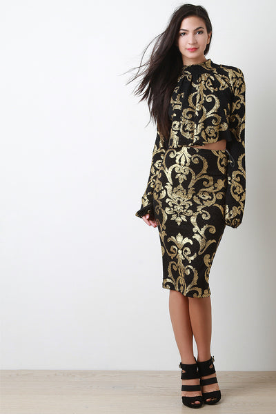 Metallic Baroque Midi Pencil Skirt