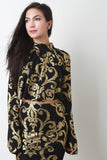 Metallic Baroque Long Sleeve Ruffle Tie Crop Top