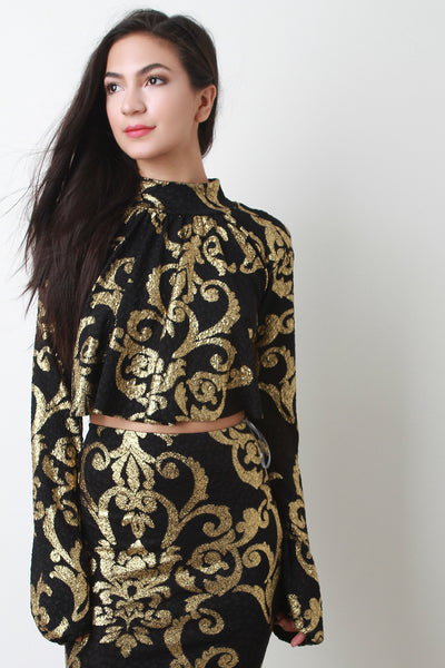Metallic Baroque Long Sleeve Ruffle Tie Crop Top