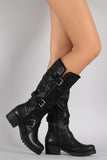 Bamboo Buckled Strap Round Toe Knee High Boots