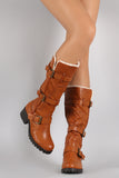 Bamboo Buckled Strap Round Toe Knee High Boots