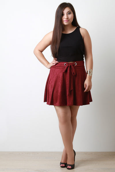 Metal Hole Belt Strap Embellishment Suede Skirt