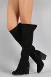 Qupid Suede Chunky Stacked Heeled Knee High Boots