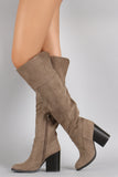 Qupid Suede Chunky Stacked Heeled Knee High Boots