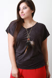 Feather Necklace Ruched Batwing Suede Top