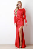 Goddess Off-Center Knotted Long Sleeve Maxi Dress