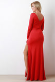 Goddess Off-Center Knotted Long Sleeve Maxi Dress