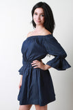 Chambray Off Shoulder Flounce Sleeve Dress