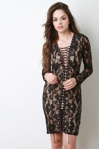 Floral Glitter Mesh Lace Up Dress