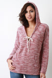 Marled Knit V-Neck Drawstring Hoodie Sweater