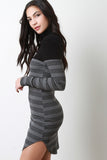 Ribbed Knit Turtle Neck Stripped Dress