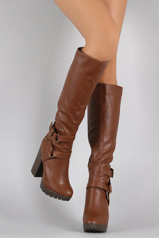 Breckelle Buckle Sequence Stacked Heel Boots